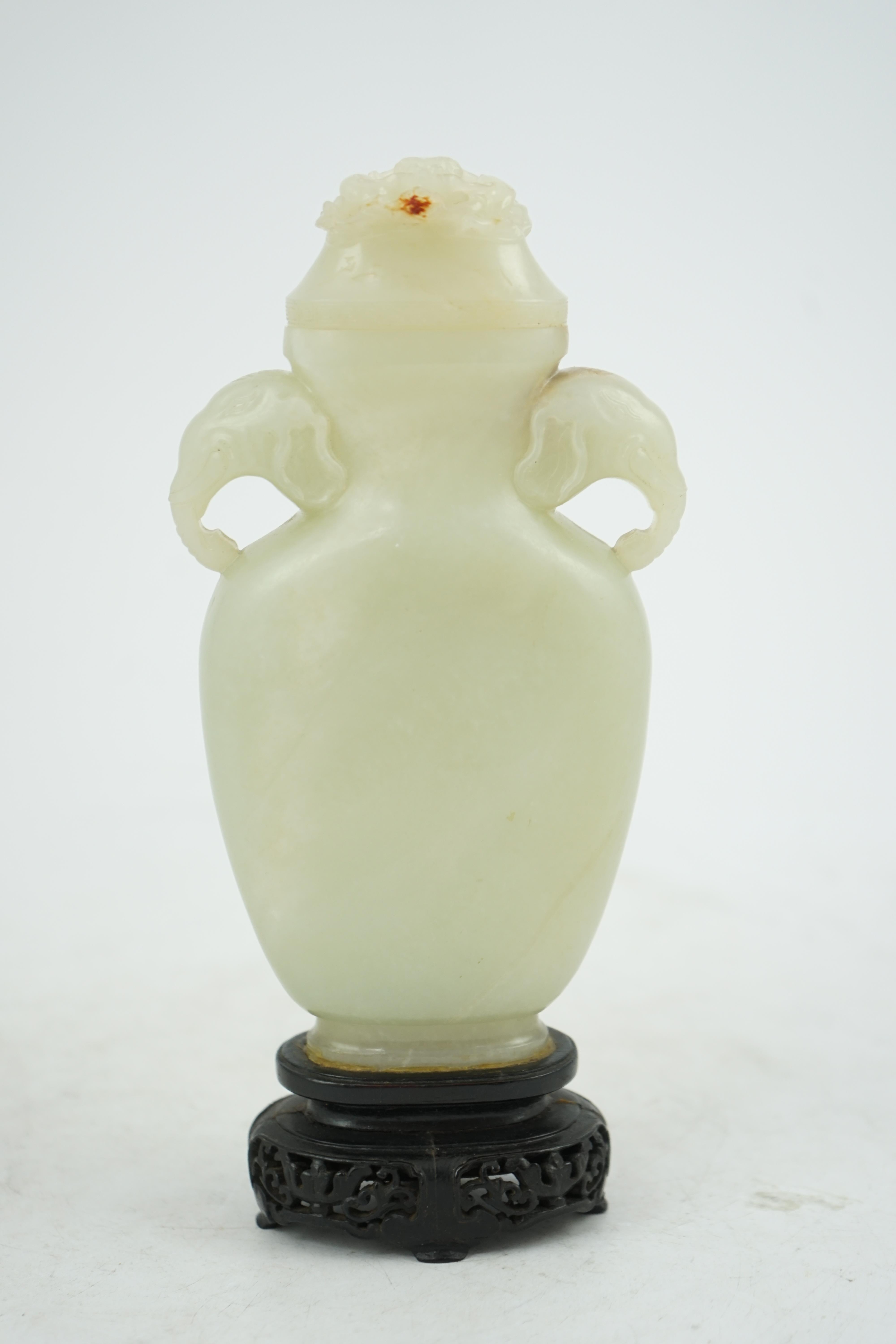 A Chinese pale celadon jade flask-form vase and cover, Qianlong/Jiaqing period, c.1780-1820